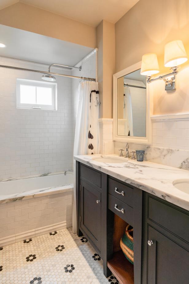 Double Vanity Bathroom With Black-and-White Penny Tile Floor | HGTV