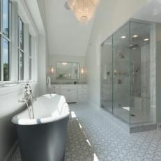 Glamorous Master Bath Includes Marble Shower and Chandelier
