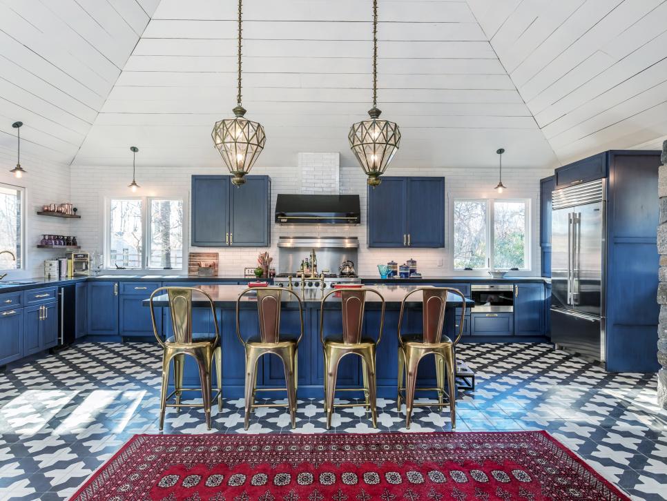 Blue Cabinet Kitchen with Soapstone Island and Moroccan Tiles