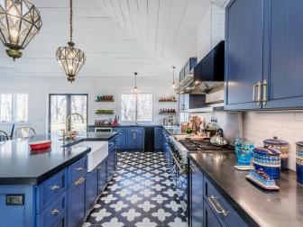 Blue Cabinet Kitchen with Moroccan Tiles
