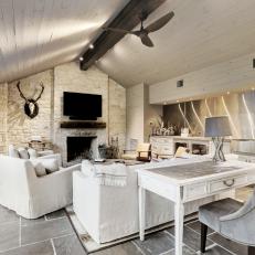 Rustic Chic Living Room With Wet Bar and Fireplace