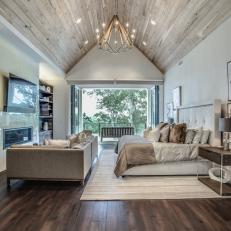 Transitional Bedroom with Dramatic Wood Ceiling