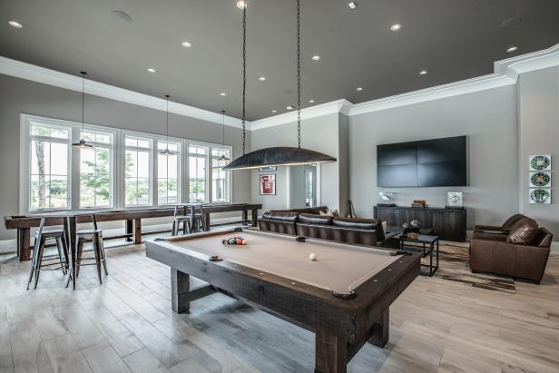 Gray Transitional Game Room with Custom Lighting | HGTV