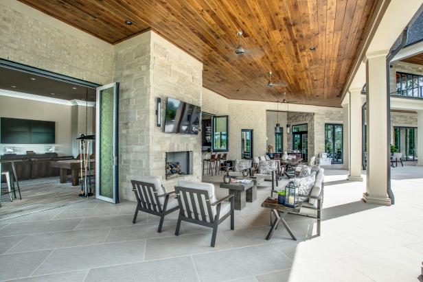 Covered Patio with Wood Ceiling, Fireplace | HGTV