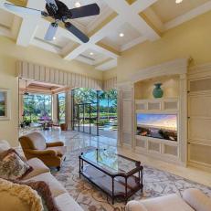 Yellow Living Space with Coffered Ceiling