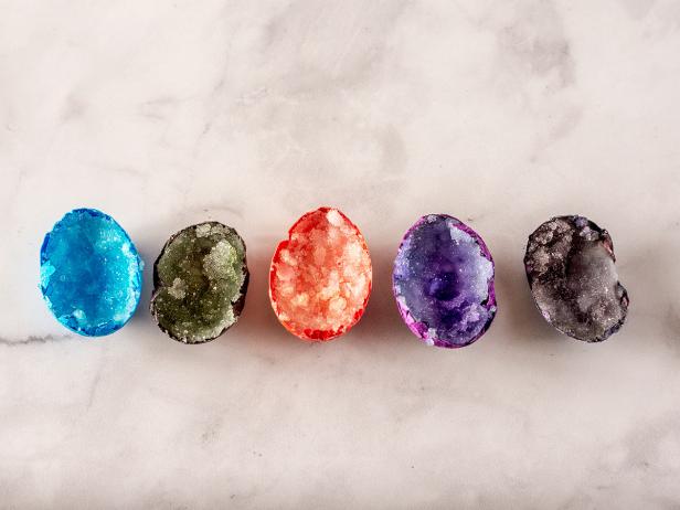 Several colorful eggshell geodes.