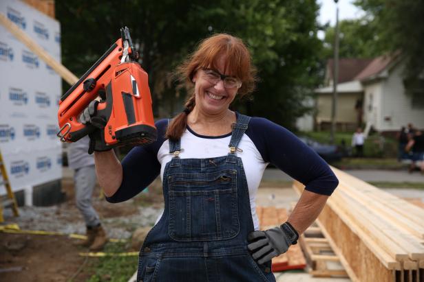 Karen durring the demo and re-building of the home she is renovating with her daughter Mina as seen on Good Bones