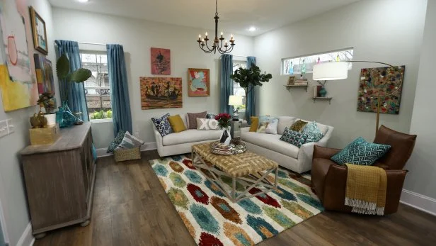 The new colorful living room in the home that Mina and Karen renovated together, the living room used to be where the first bedroom was on the first floor before being re-built as seen on Good Bones