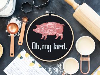 Black Embroidery Hoop Featuring a Butcher Pig and Funny Phrase