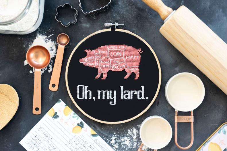 Black Embroidery Hoop Featuring a Butcher Pig and Funny Phrase