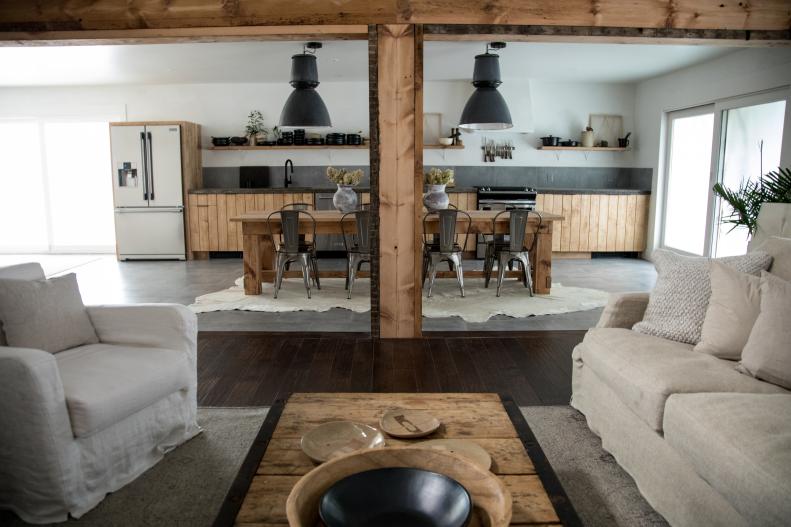 The new open concept giant kitchen with wood panneling to create a modern ski lodge that Steve and Leanne Ford designed for Steve's long time friend Jan and her family as seen on Restored by the Fords                                                                    Kitchen after 5