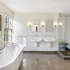 Serene Master Bathroom With Freestanding Tub, Glass Shower