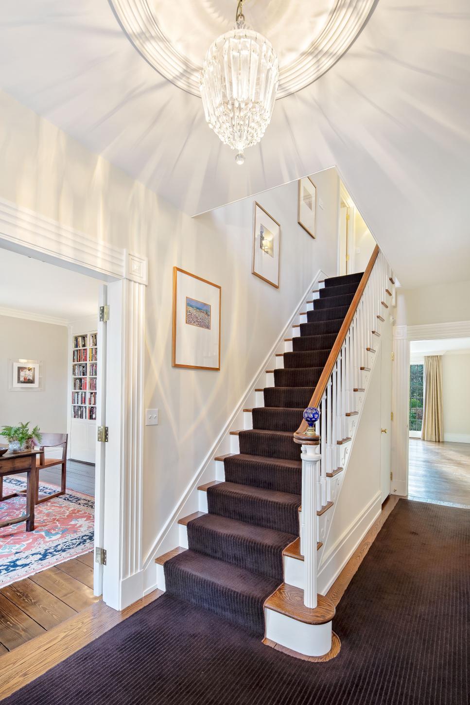 Transitional Foyer Showcases Crystal Chandelier, Decorative Ceiling | HGTV