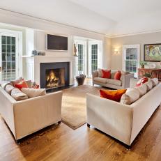 Transitional Living Room With French Doors and Fireplace