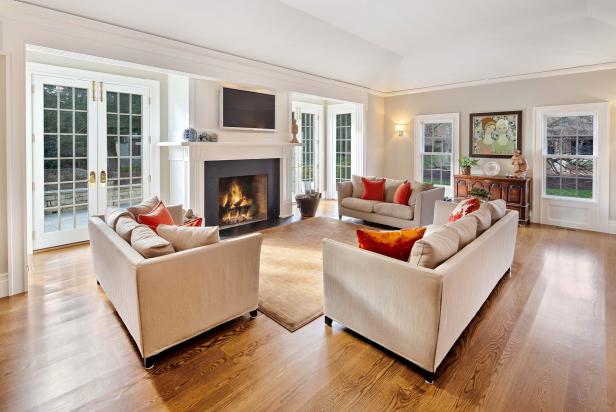 Transitional Living Room With French Doors and Fireplace | HGTV