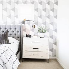 Gray Master Bedroom With Geometric Wallpaper