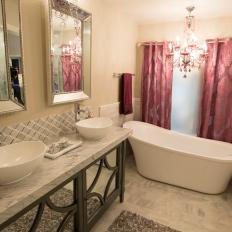 White Eclectic Master Bathroom with Pink Curtains and Chandelier 