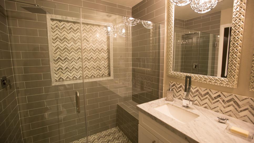 Modern Gray Guest Bathroom with Gray Subway Tile Shower | HGTV