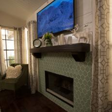 Rustic Neutral Living Room with Green Tile Fireplace 