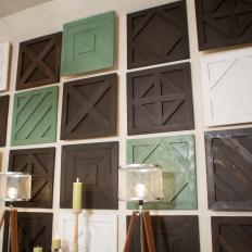Black White and Green Custom Wood Panels in Neutral Rustic Living Room.