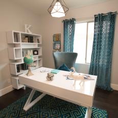 Contemporary White Home Office with Blue Curtains and Rug