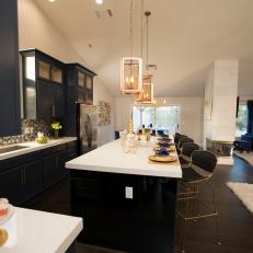 Modern Neutral Kitchen with White Countertops and Blue Cabinets 