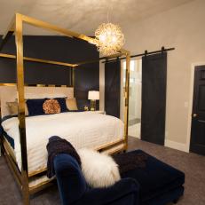 Modern Black Master Bedroom with Gold Canopy Bed 