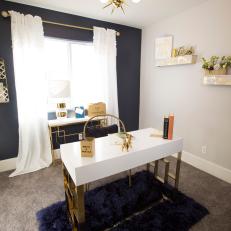 Modern Black and White Home Office with White and Gold Desk