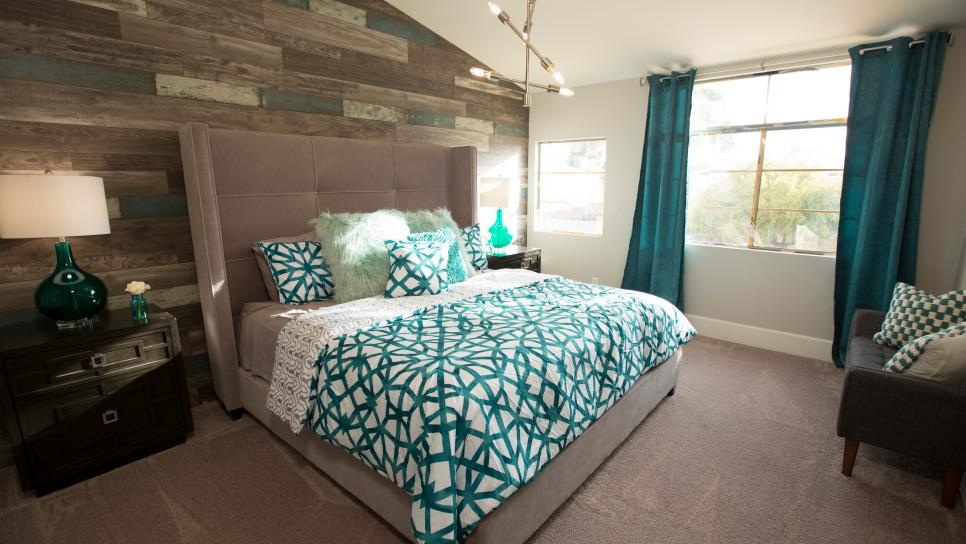 Contemporary Neutral Master Bedroom with Blue and Gray Shiplap Accent
