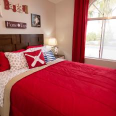 Contemporary Red Guest Bedroom with Brown Headboard