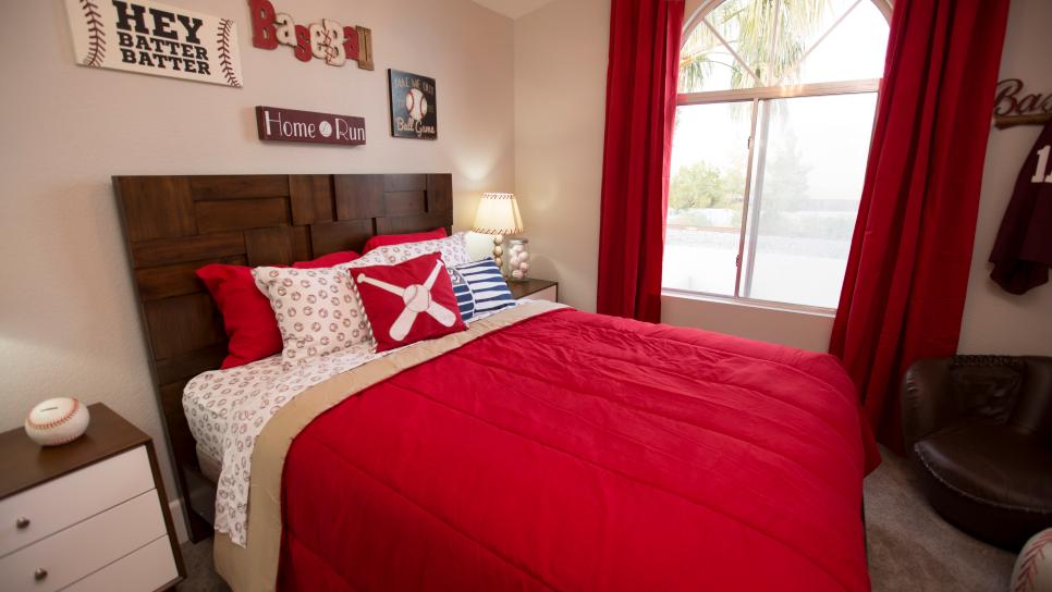 Contemporary Red Guest Bedroom with Brown Headboard | HGTV