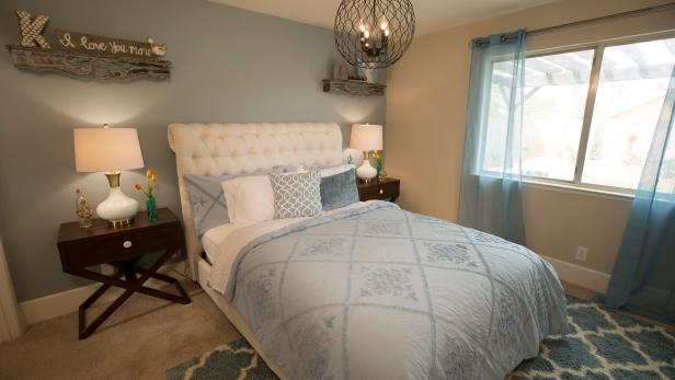 Contemporary Blue Master Bedroom with Blue Curtains | HGTV