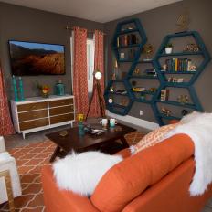 Modern Neutral Living Room with Orange Curtains 