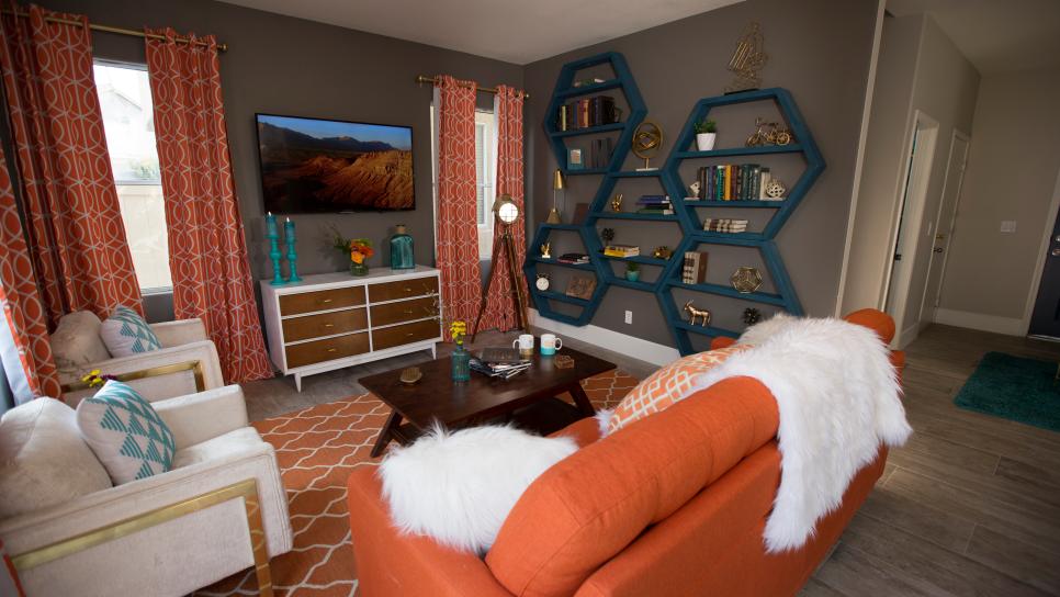 Modern Neutral Living Room With Orange, Orange Curtains Living Room Ideas