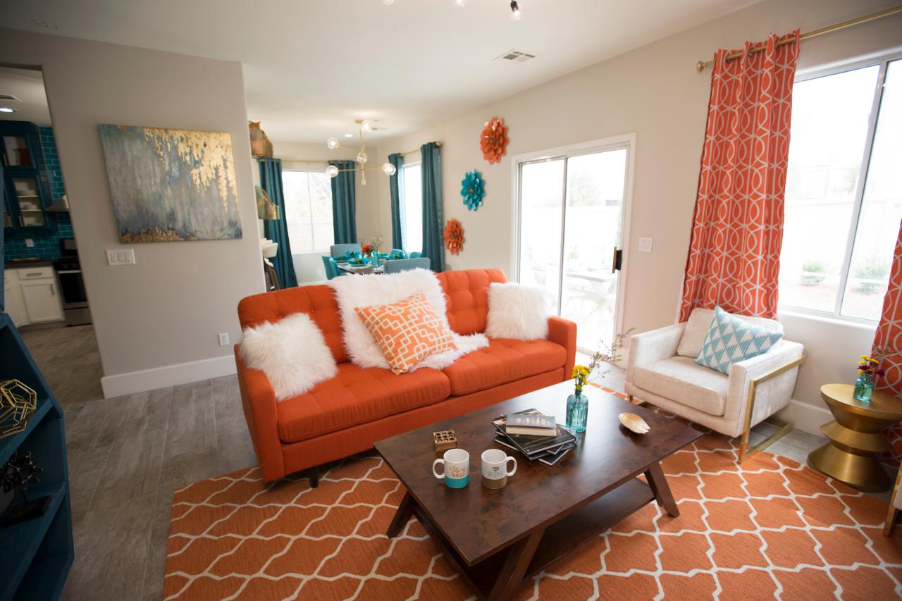 Modern Neutral Living Room With Orange Sofa Rug And Curtains Hgtv