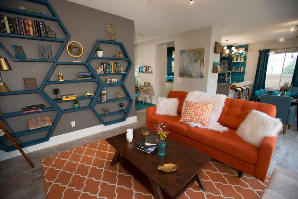 Modern Neutral Living Room With Orange, Orange Rug Living Room