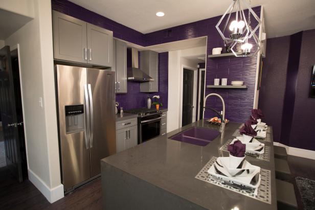 Eclectic Purple Kitchen with Purple Backsplash | HGTV