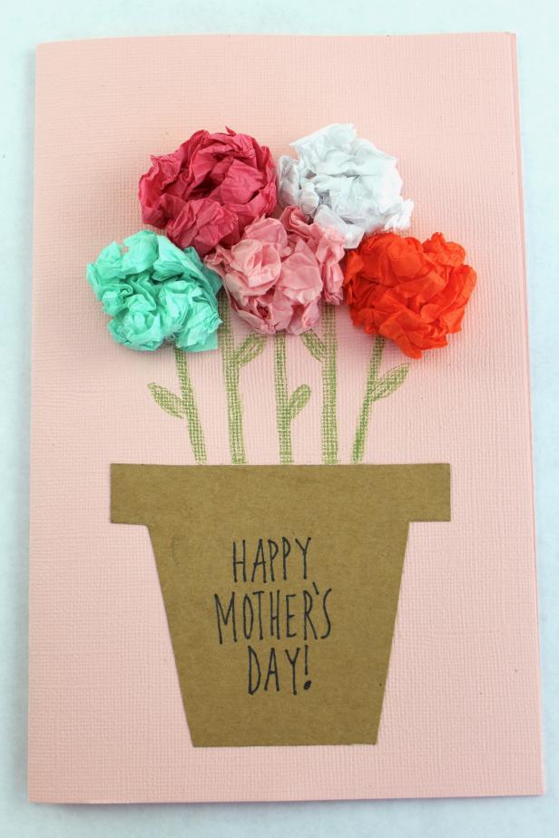 Give Mom flowers that won't die. Make her a last-minute card using card stock and bundles of tissue paper that resemble flowers. 