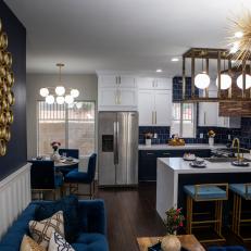 Eclectic Blue Living Room with Gold Mirror 
