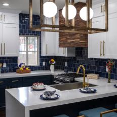 Eclectic Blue Kitchen with White and Blue Cabinets 