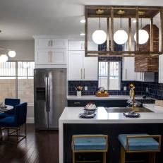 Eclectic Blue Kitchen with Gray Breakfast Bar 