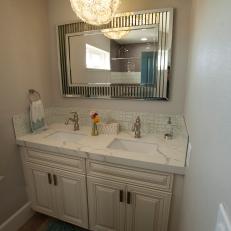 White Coastal Guest Bathroom with White Marble Countertop 