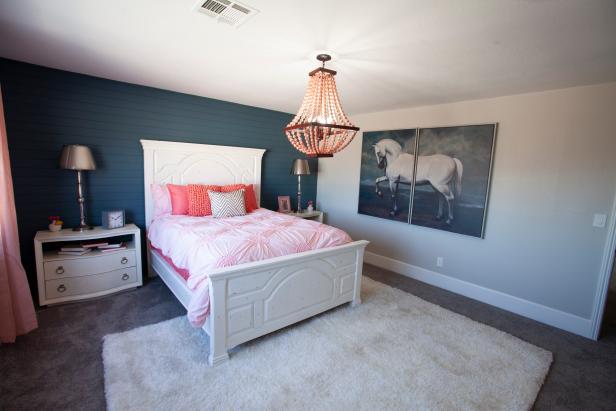 Contemporary White Master Bedroom With A Blue Shiplap Accent