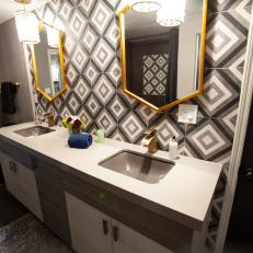 Modern Gray Bathroom with Yellow Trimmed Mirrors 