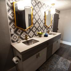 Modern Gray Bathroom With Gray Vanity and Dual Sinks 