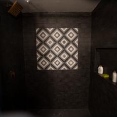 Modern Black Shower with Black, White and Gray Tile Backsplash 