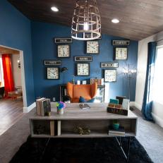 Blue Midcentury Modern Home Office with Gray Desk