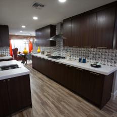 Neutral Midcentury Modern Kitchen with Brown Cabinets 
