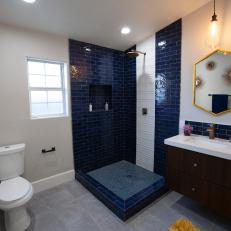 White Midcentury Modern Master Bathroom with Blue Subway Tile Shower 