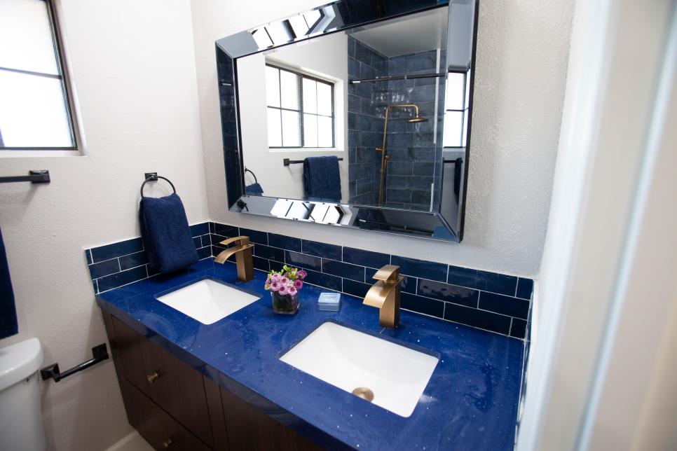 Modern Blue Bathroom With Vanity, Tile Backsplash Bathroom Vanity